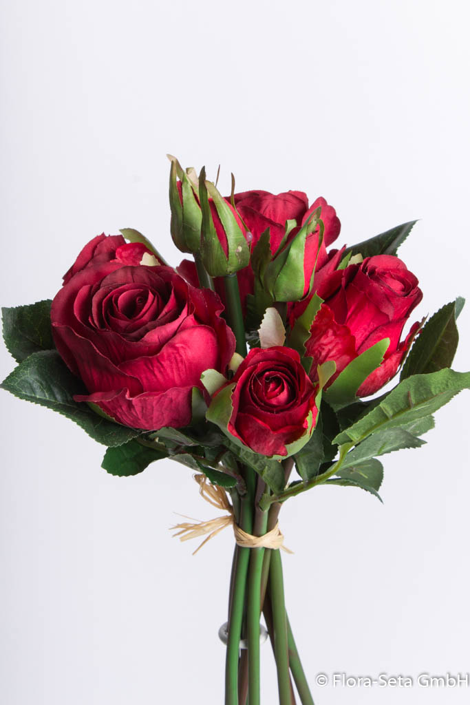 Rosenstrauß mit 5 Rosen und 3 Knospen, Farbe: rot-dunkelrot