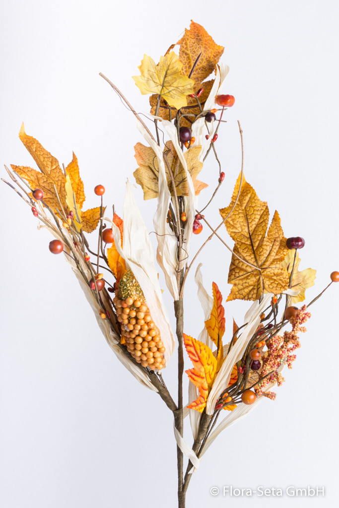 Herbstzweig Goldener Oktober mit Blättern, Beeren, Maiskolben