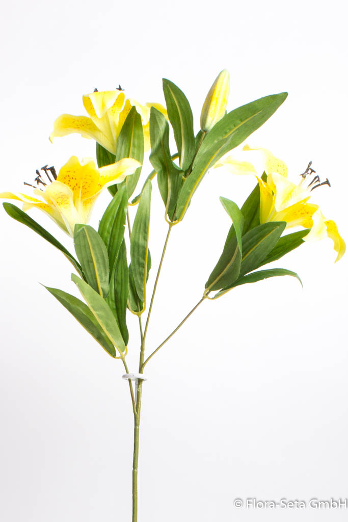 Lilie mit 3 Blüten, 1 Knospe und Blättern, Farbe: gelb