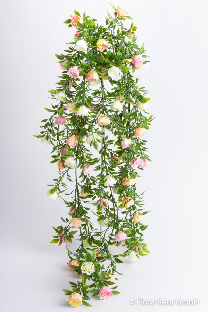 Kunststoffrosenhängebusch mit 5 Stielen mit kleinen creme-pink-gelben Rosen