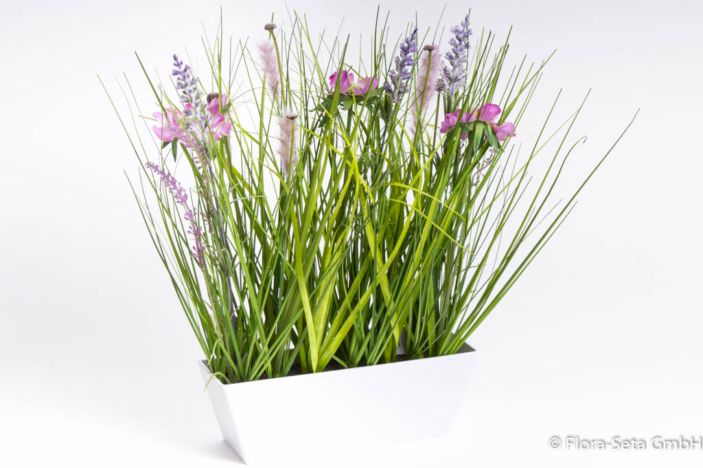 Wiesenblumen-Arrangement im weißen rechteckigen Kunststofftopf, klein, Farbe:  pink-lavendel