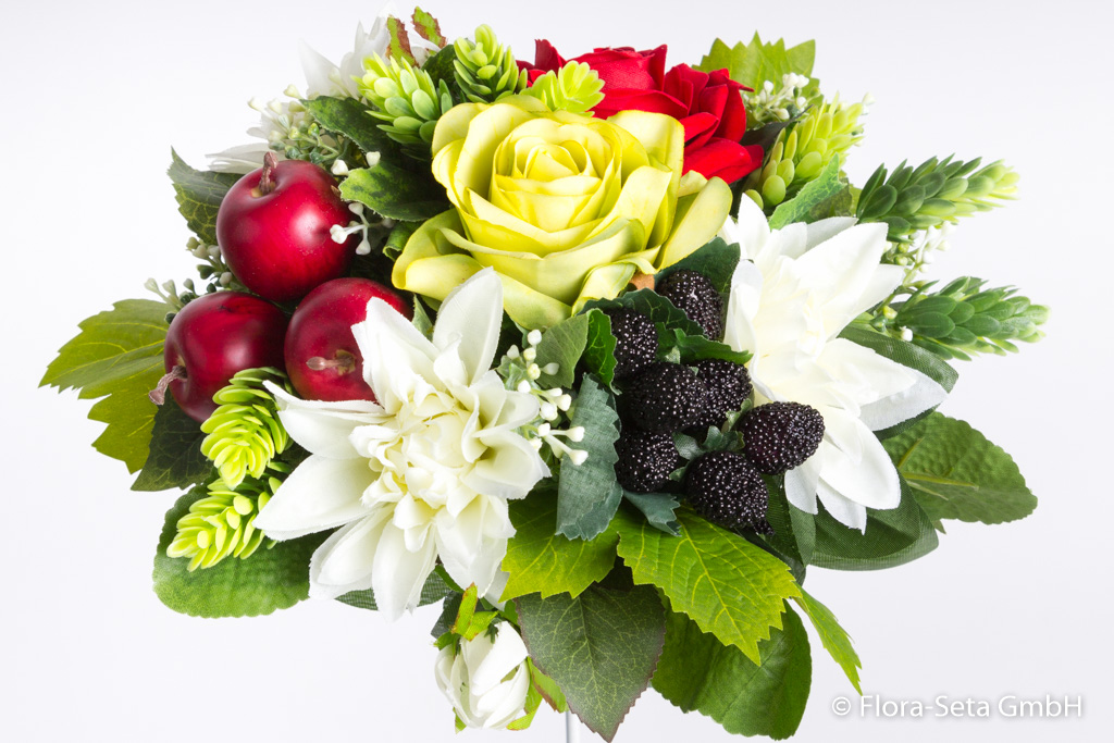 Dahlien-Rosen-Früchte-Strauß handgebunden Farbe: weiß-rot-grün