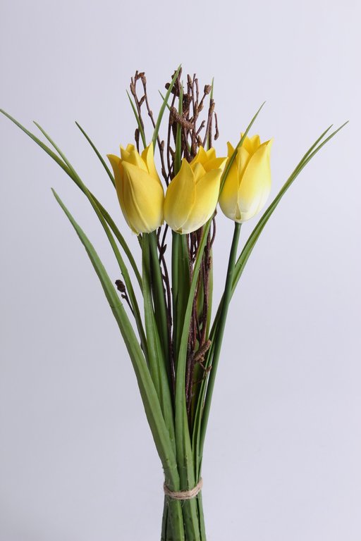 Tulpenbündel mit 3 Tulpen, Gräsern und Reisig Farbe: gelb