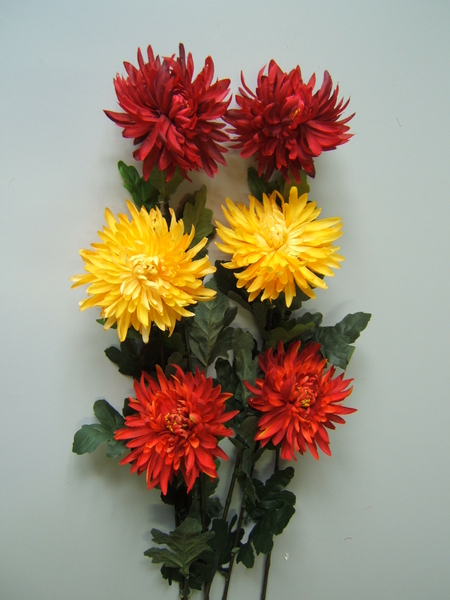 Chrysantheme mit 7 Blättern (6 Stück im Bündel) Farbe: gelb-orange-dunkelrot (farblich abgestimmt)