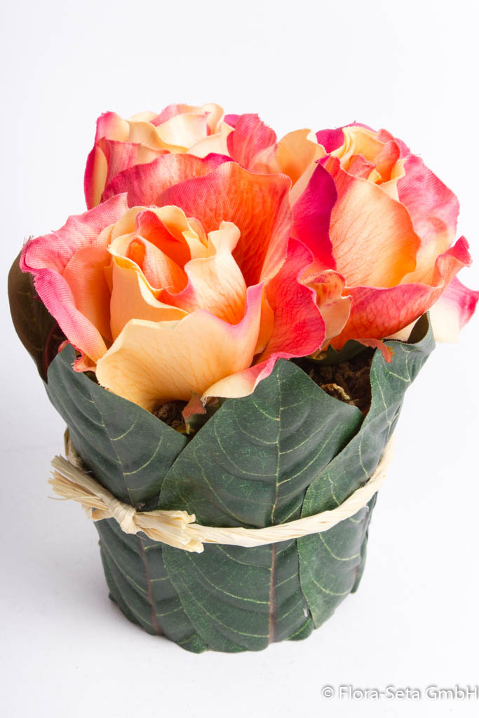 Rosenarrangement mit 3 Blüten und Blätter umwickelt, Farbe: beauty-gelb