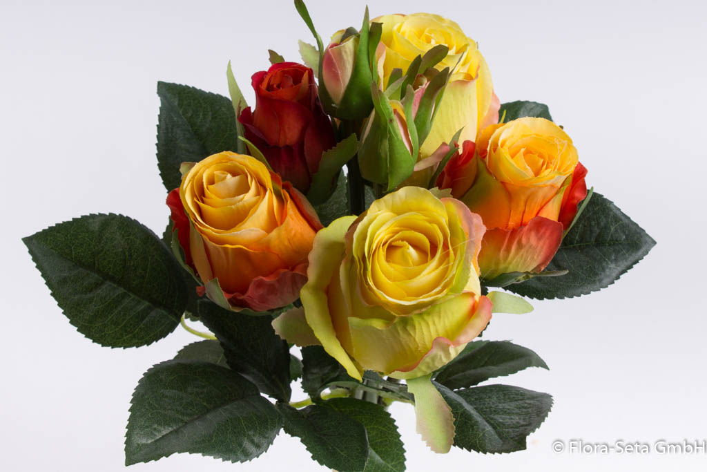 Rosenstrauß mit 5 Rosen und 3 Knospen, Farbe: orange-gelb-rot