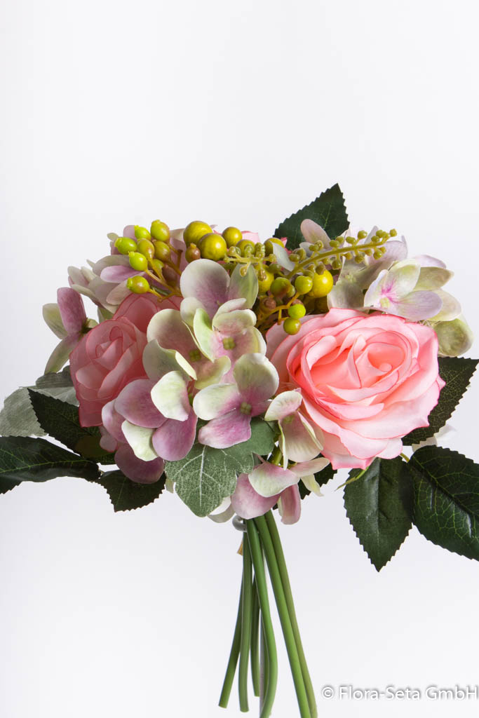 Rosen-Hortensienstrauß mit grünem Blattwerk Farbe: pink