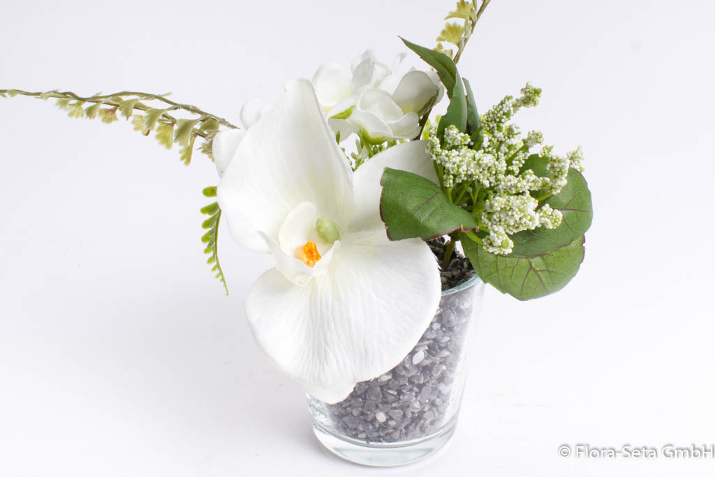 Orchideen-Arrangement mit Beiwerk im Glas Farbe: creme-weiß