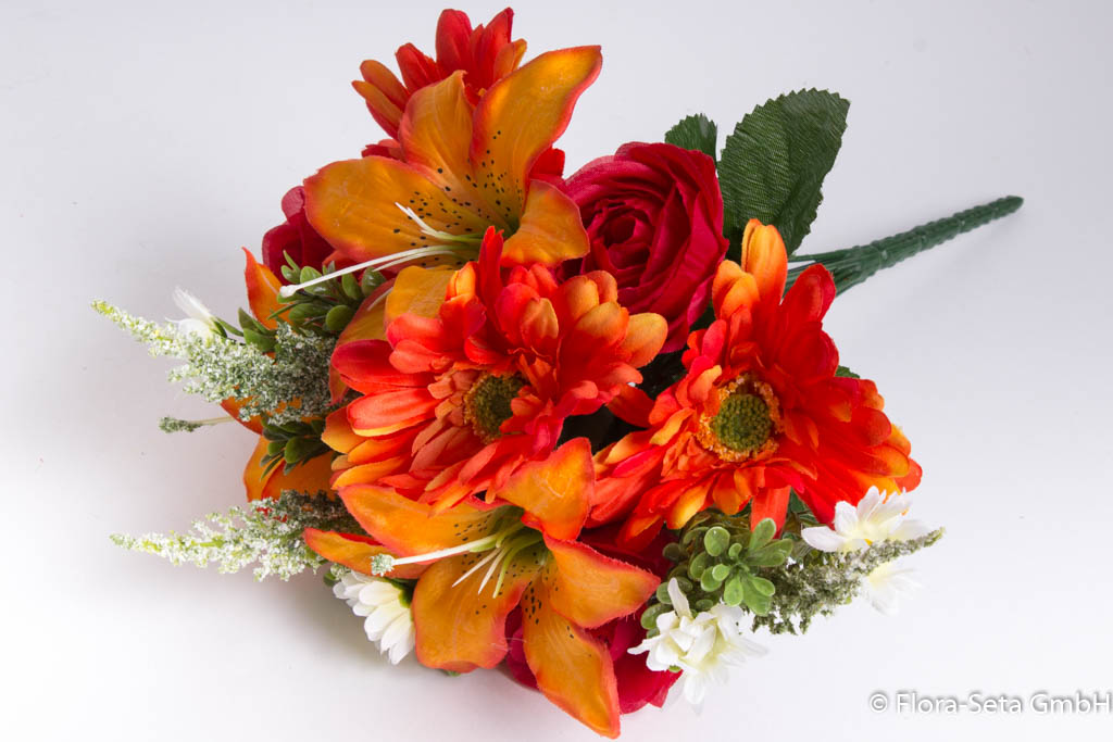 Farbe: künstlicher Rosen-Gerbera-Lilien-Strauß, rot-orange