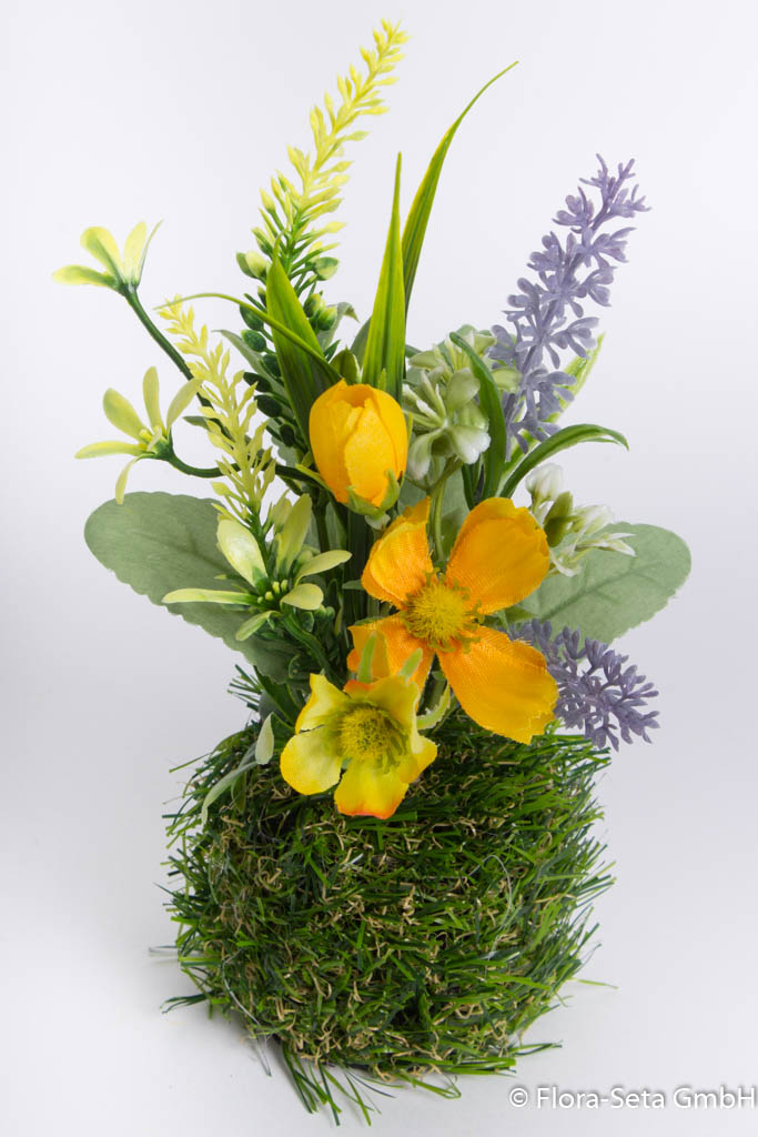 Cosmea-Frühlingsblumenpick im Grassockel, Farbe: gelb