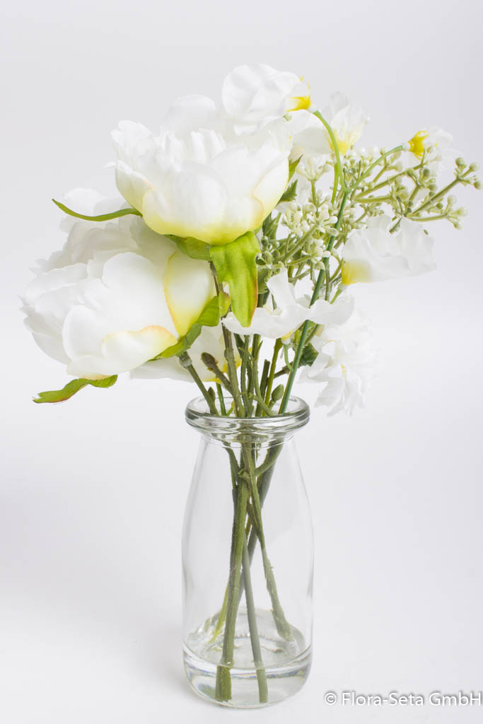 Blumen-Mix-Bouquet in Glasvase, Farbe: creme-weiß