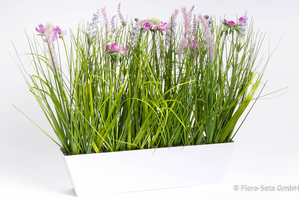 Wiesenblumen-Arrangement im weißen rechteckigen Kunststofftopf, groß, Farbe: pink