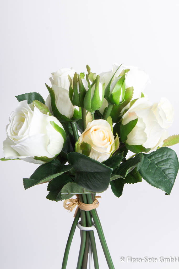 Rosenstrauß mit 5 Rosen und 3 Knospen, Farbe: creme-weiß