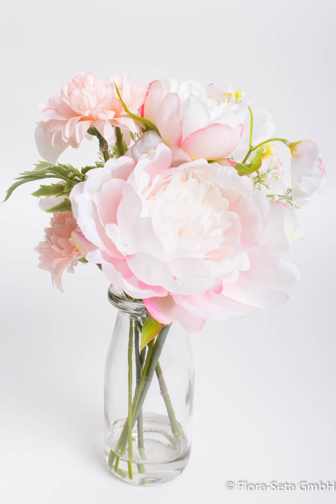 Blumen-Mix-Bouquet in Glasvase, Farbe: creme-rosee