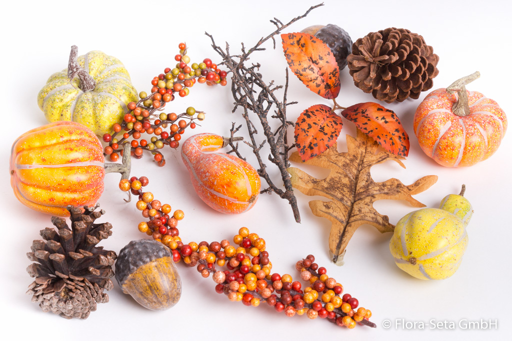 Herbst-Potpourri (Kürbisse, Beerenzweige, Blätter, Tannenzapfen und Nüsse) in Klarsichtpackung
