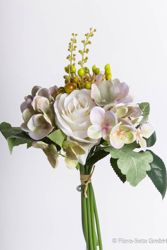 Rosen-Hortensienstrauß mit grünem Blattwerk Farbe: creme